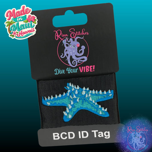 Embroidered BCD gear tag featuring a horned starfish design in teal, ocean, and seafoam colors. Made in Maui, Hawaii by Rinn Stitches