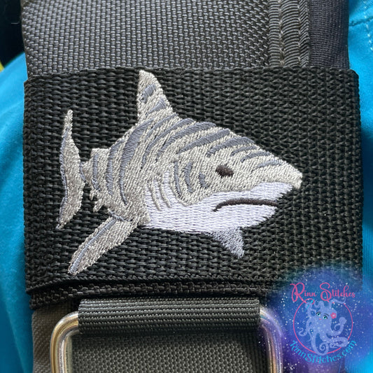 Tiger shark BCD tag on black webbing, embroidered scuba gear accessory for dive equipment identification, made in Maui by Rinn Stitches