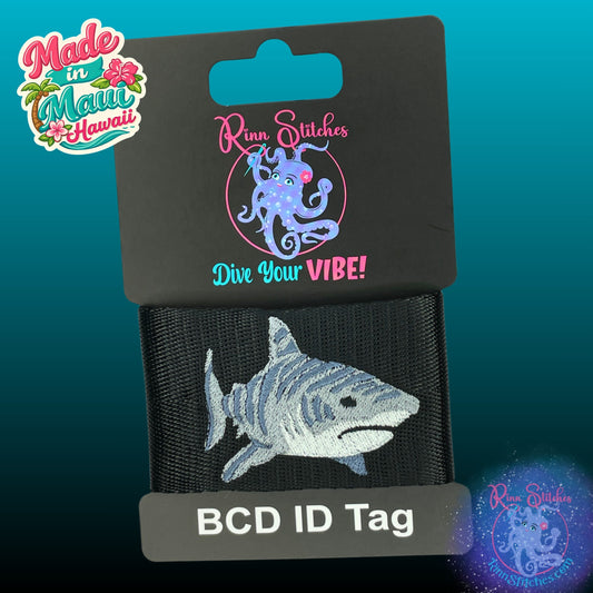 Tiger shark BCD tag on black webbing, embroidered scuba gear accessory for dive equipment identification, made in Maui by Rinn Stitches