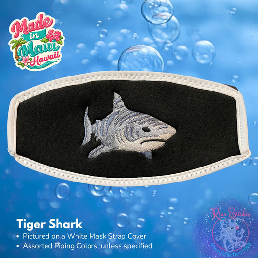 Embroidered neoprene mask strap cover featuring a bold tiger shark design. Made in Maui, Hawaii by Rinn Stitches