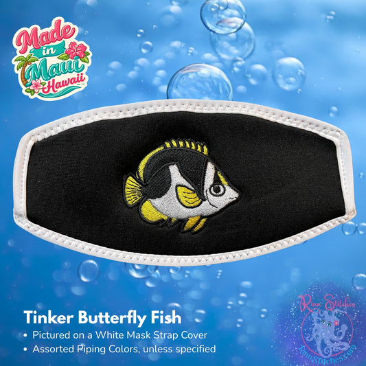 Embroidered neoprene mask strap cover featuring a Tinker Butterfly Fish design. Made in Maui, Hawaii by Rinn Stitches