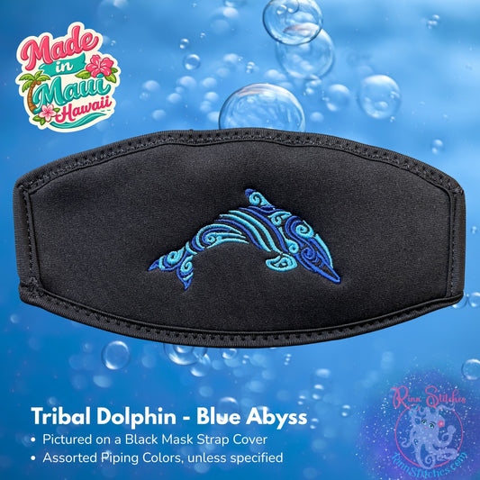 Embroidered neoprene mask strap cover featuring a tribal dolphin design. Made in Maui, Hawaii by Rinn Stitches