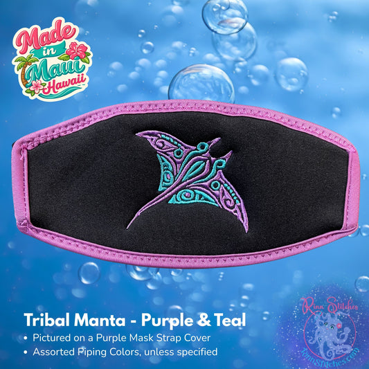 Embroidered neoprene mask strap cover featuring a tribal manta ray design. Made in Maui, Hawaii by Rinn Stitches