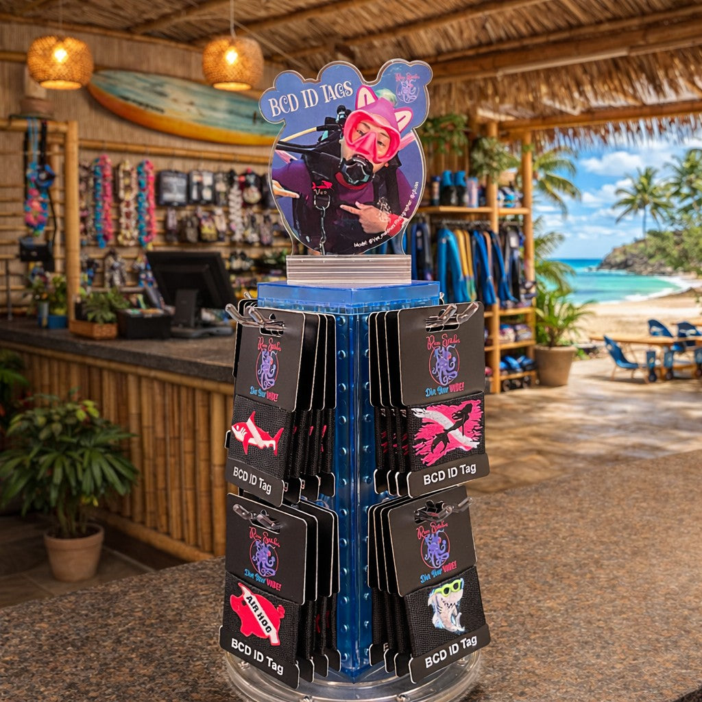 Rinn Stitches BCD Tag Counter Display in a dive shop featuring our Dive Flag Mermaid, Dive Flag Shark, Air Hog, and Cool Shark Designs. 