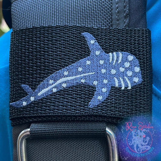 Embroidered BCD Tag with a Whale Shark Design on Black Webbing. Made for scuba divers by Rinn Stitches in Maui, Hawaii