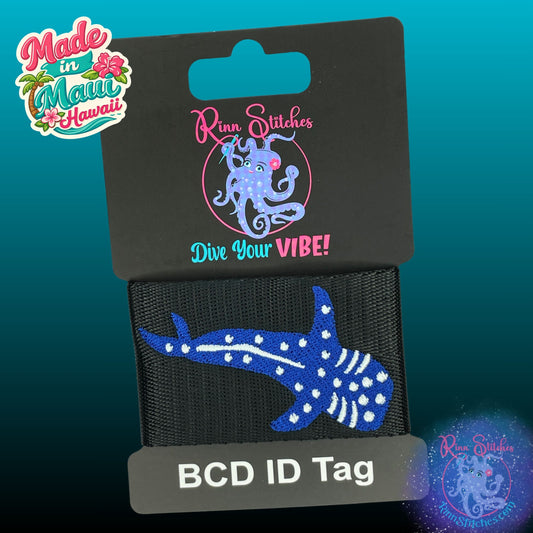 Embroidered BCD Tag with a Whale Shark Design on Black Webbing. Made for scuba divers by Rinn Stitches in Maui, Hawaii