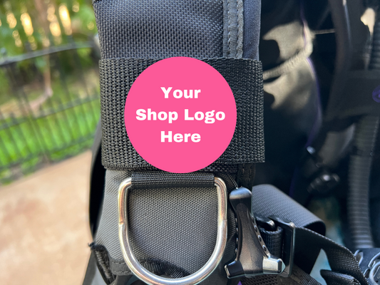 Embroidered BCD Tag featuring your custom shop logo on black polypropylene webbing. Made by Rinn Stitches in Maui, Hawaii
